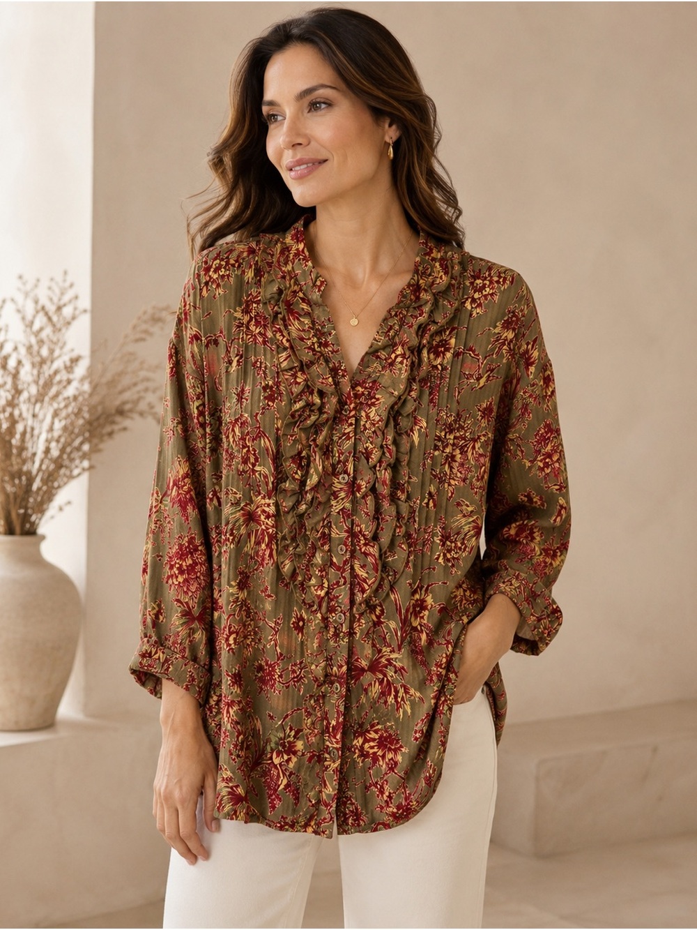 Soft Surroundings Vintage Green Floral Blouse XL
